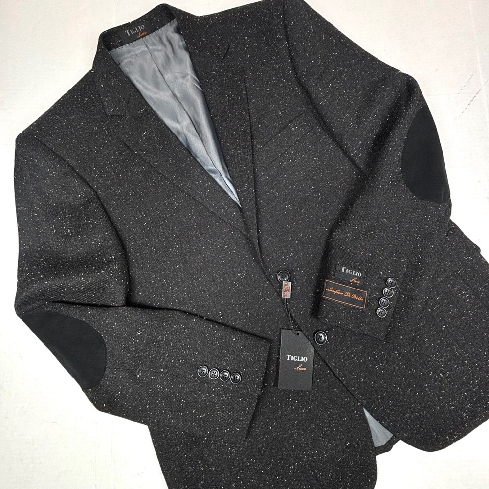 TIGLIO Luxe Novello‎ Jacket Mens 42S Black Speckled Elbow Patch Wool Blazer NWT